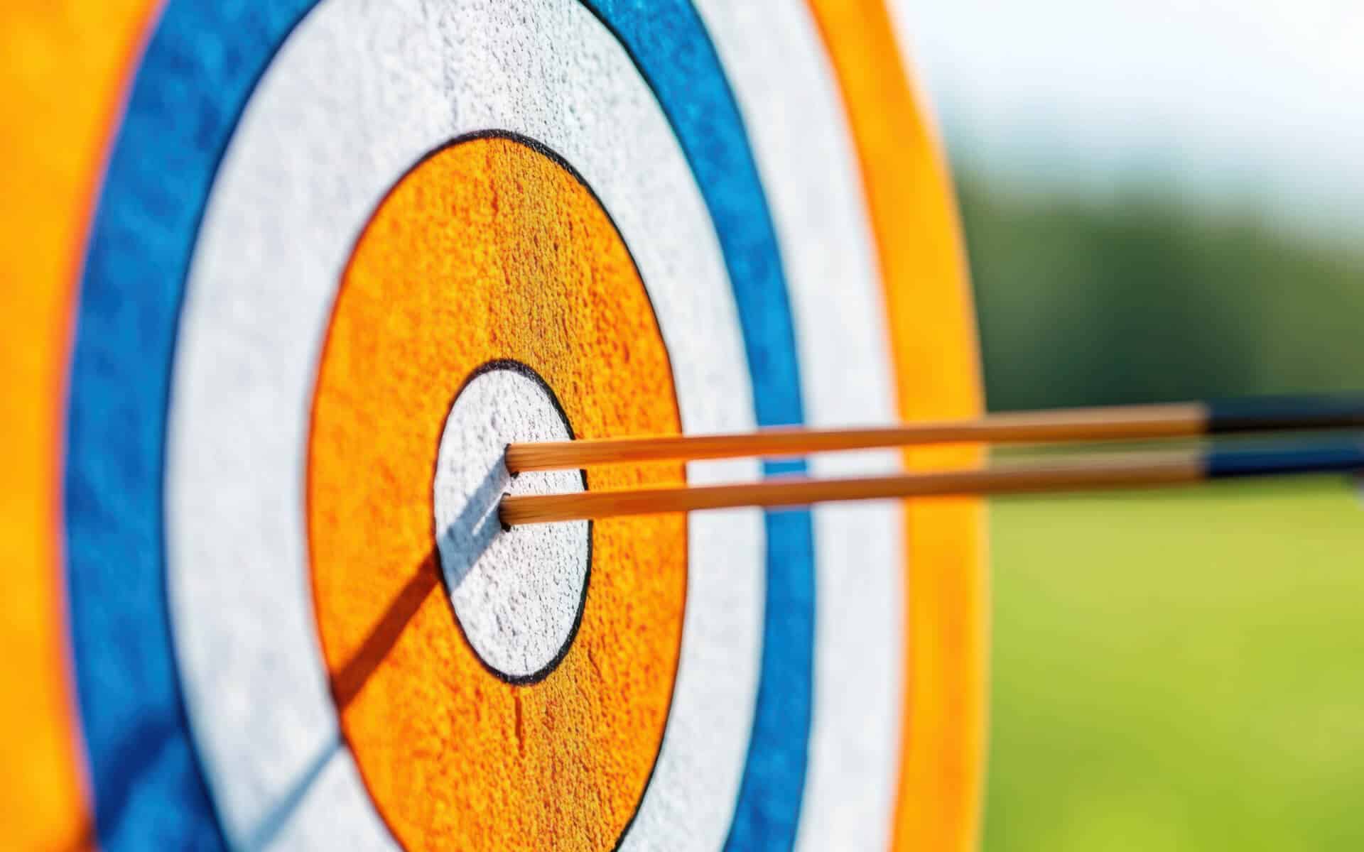 Two arrows hit the bullseye on an orange and blue target